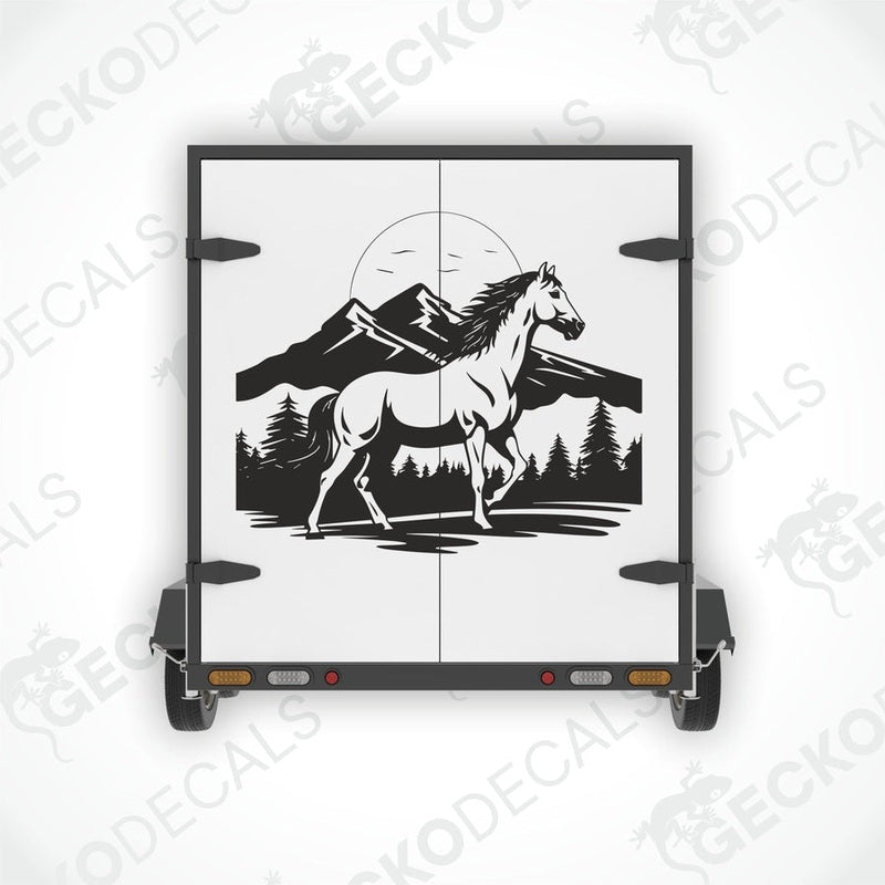 A decal featuring a black horse in a mountainous landscape with a sun and moon in the background.