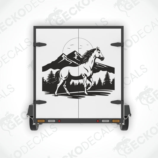 A decal featuring a black horse in a mountainous landscape with a sun and moon in the background.