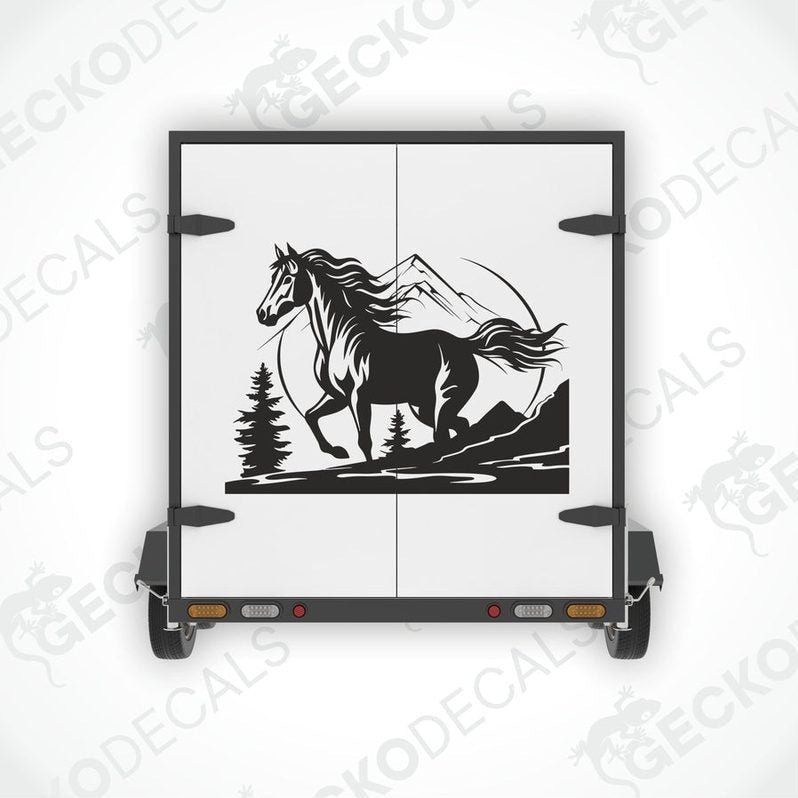 A black die cut decal of a horse with a mountain and tree backdrop, displayed on a white vehicle.