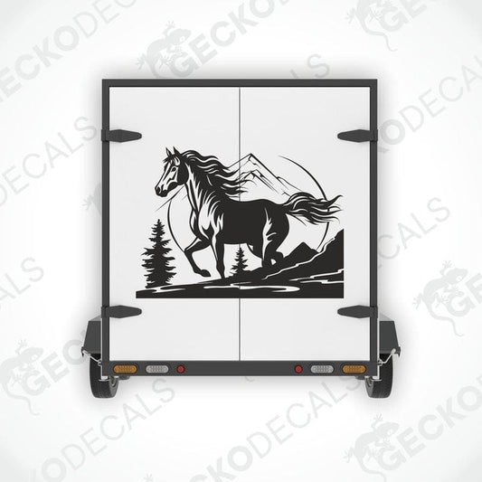 A black die cut decal of a horse with a mountain and tree backdrop, displayed on a white vehicle.