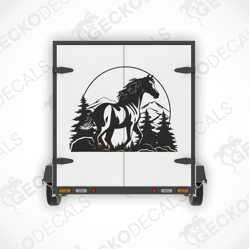 A black and white decal of a horse with a mountain and tree background, displayed on a vehicle.