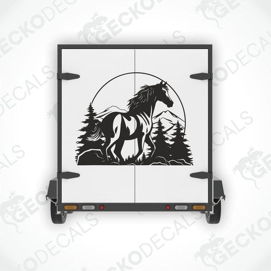 A black and white decal of a horse with a mountain and tree background, displayed on a vehicle.