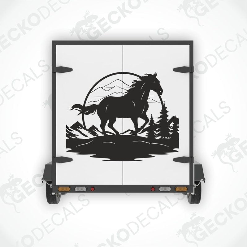 A black die cut decal of a horse in a mountainous landscape.