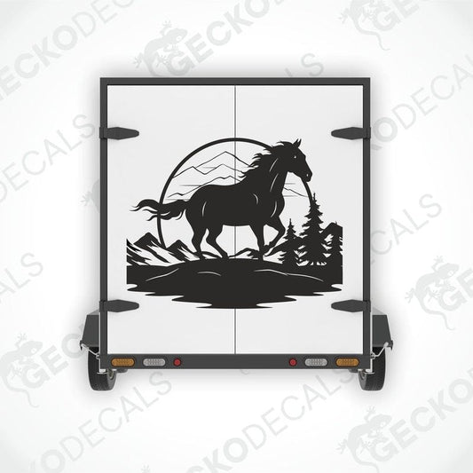 A black die cut decal of a horse in a mountainous landscape.