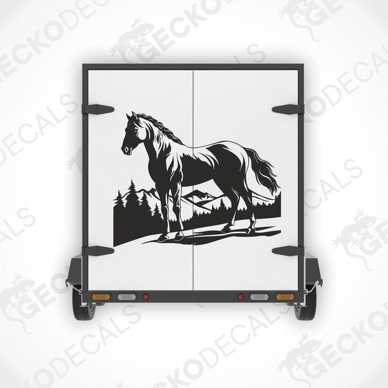 A decal of a horse in a mountainous landscape, displayed on a vehicle.