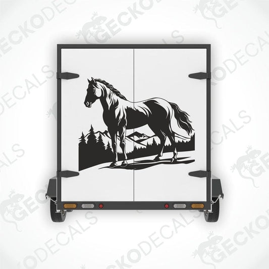 A decal of a horse in a mountainous landscape, displayed on a vehicle.