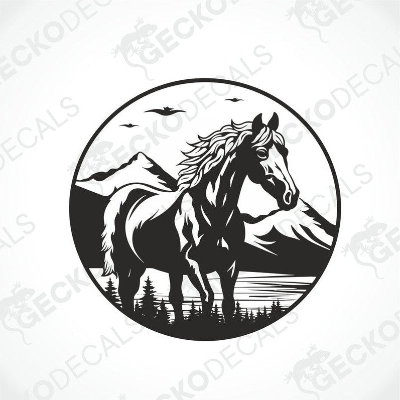 A black and white decal of a horse with a mountainous background.