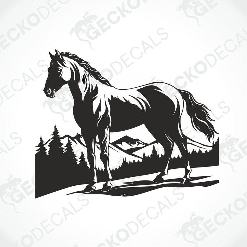 A black and white decal of a horse in a mountainous landscape.