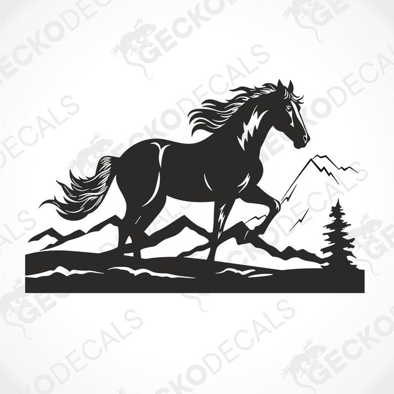 A black die cut decal of a horse with a mountain and tree backdrop.