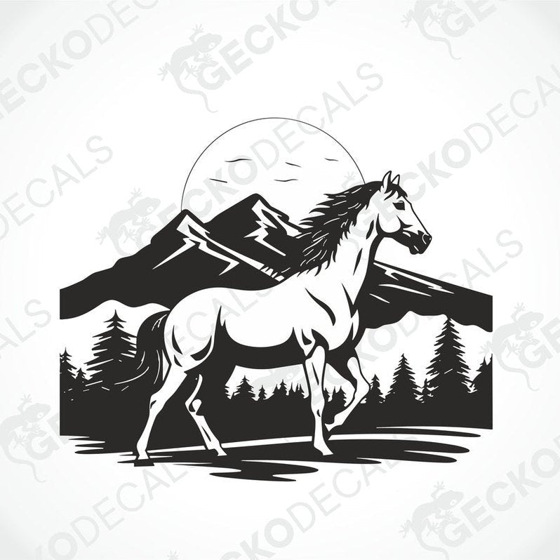 A black and white decal of a horse with a mountainous background and a crescent moon above.