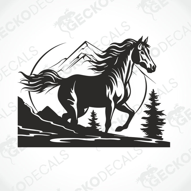 A black and white die cut decal of a horse in a mountainous landscape, displayed on a vehicle.