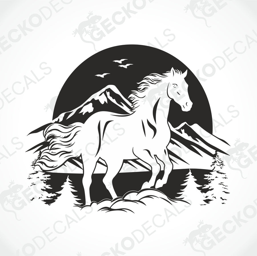 A black and white decal of a horse with a mountainous background and a night sky.
