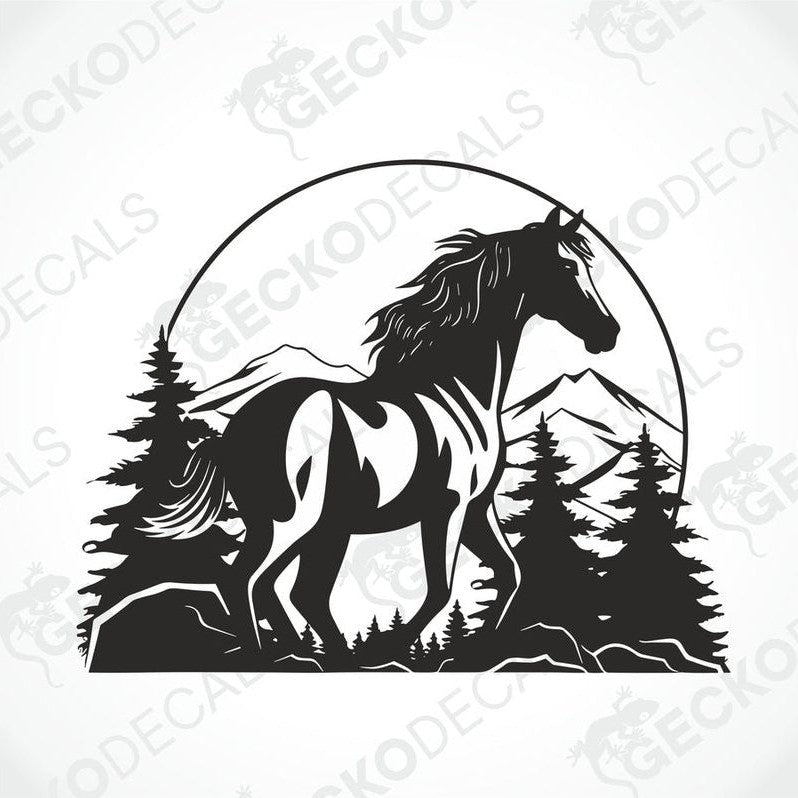A black and white die cut decal of a horse in a mountainous landscape.
