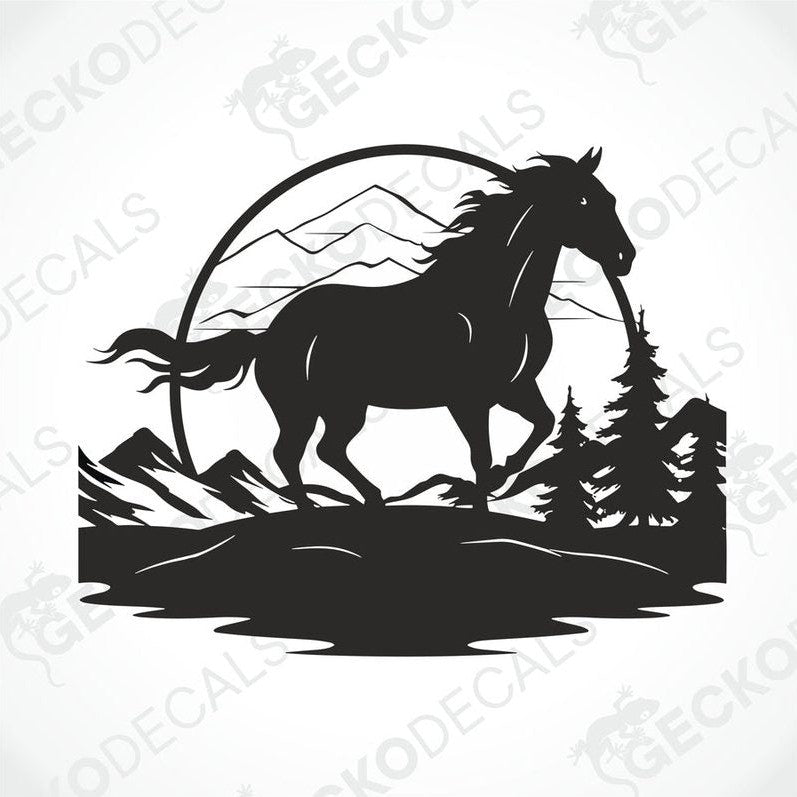 A black die cut decal of a horse in a mountainous landscape.