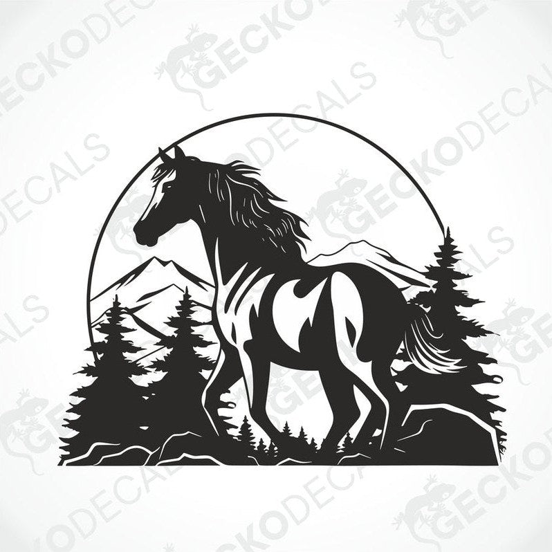 A black die cut decal of a horse in a mountainous landscape.