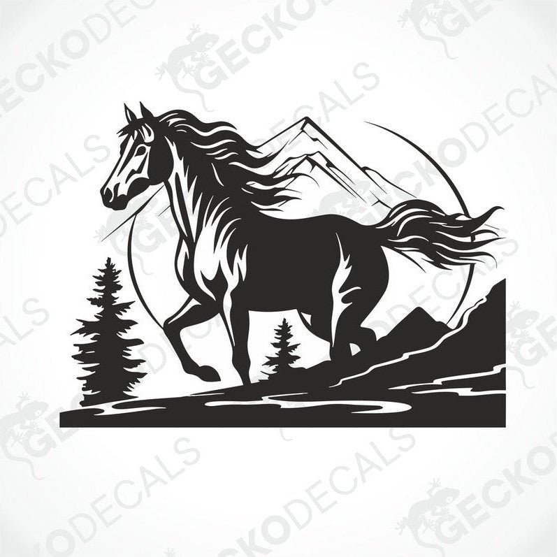 A black die cut decal of a horse with a mountainous background.