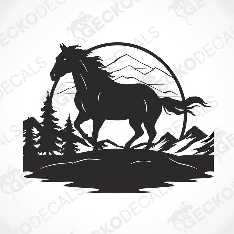 A black die cut decal of a horse in a mountainous landscape.