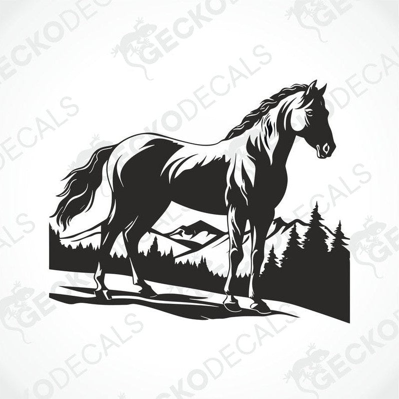 A black and white decal of a horse in a mountainous landscape.