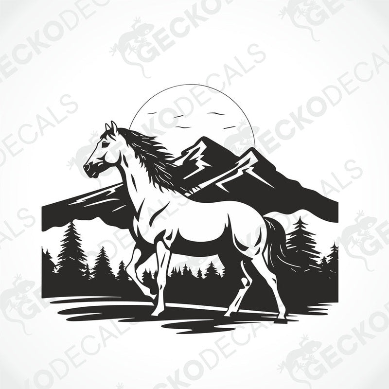 A black and white decal of a horse with a mountainous background and a crescent moon above.