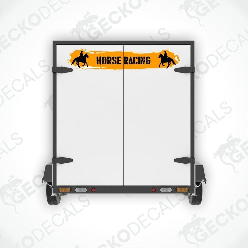 Horse racing decal on white trailer rear doors with orange brushstroke and jockey silhouettes