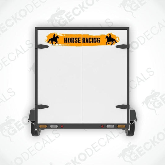 Horse racing decal on white trailer rear doors with orange brushstroke and jockey silhouettes