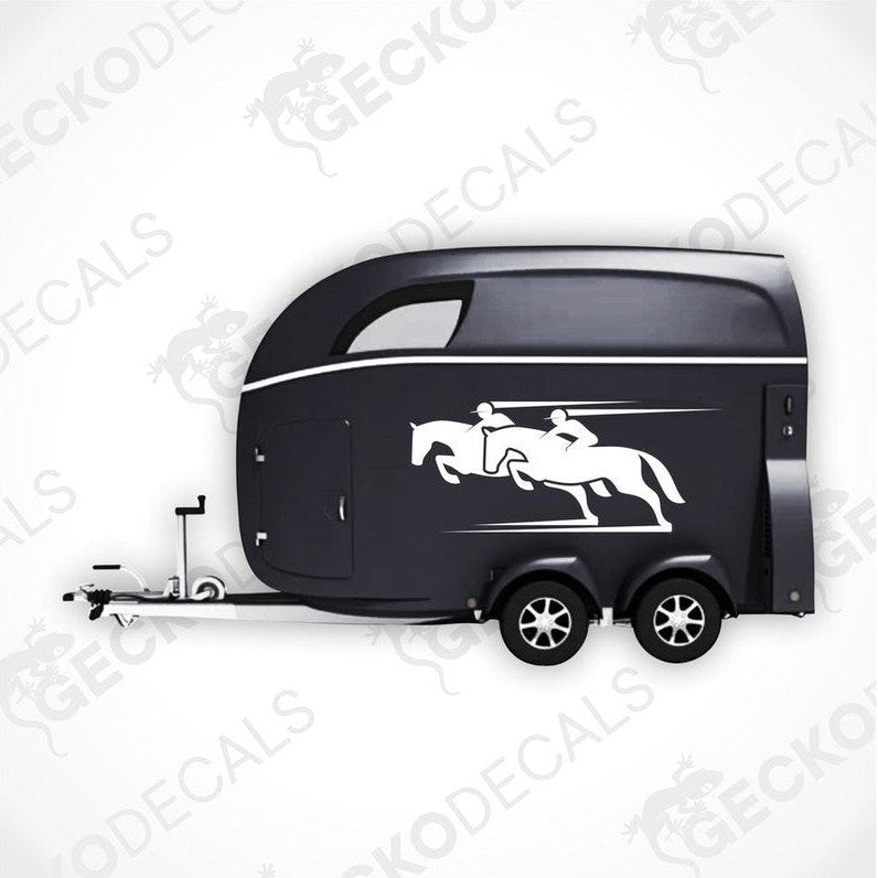 Two black and white decals of horse riders on horses, with the brand name 'GECKODECALS' visible