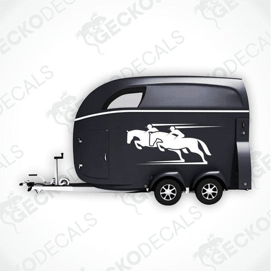 Two black and white decals of horse riders on horses, with the brand name 'GECKODECALS' visible