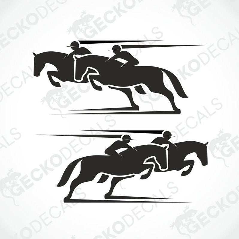Two black and white decals of horse riders on horses, with the brand name 'GECKODECALS' visible.