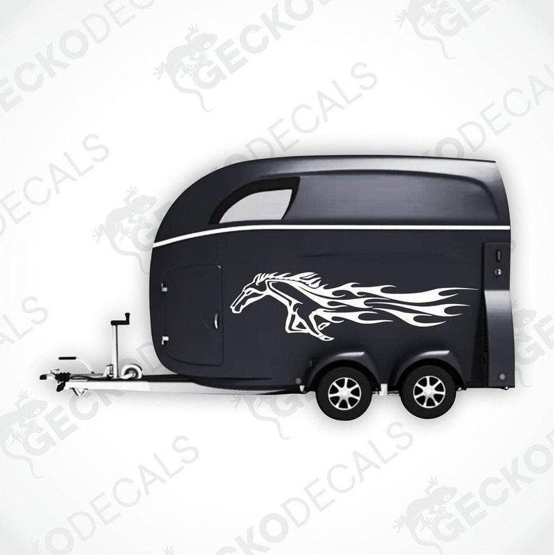A black horse decal for a trailer, featuring a white horse with tribal-like patterns on it, displayed on a trailer with the brand name 'GECKODECALS' visible.