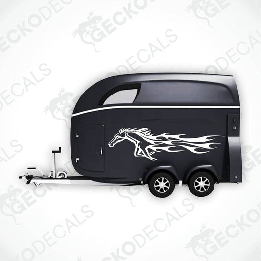 A black horse decal for a trailer, featuring a white horse with tribal-like patterns on it, displayed on a trailer with the brand name 'GECKODECALS' visible.