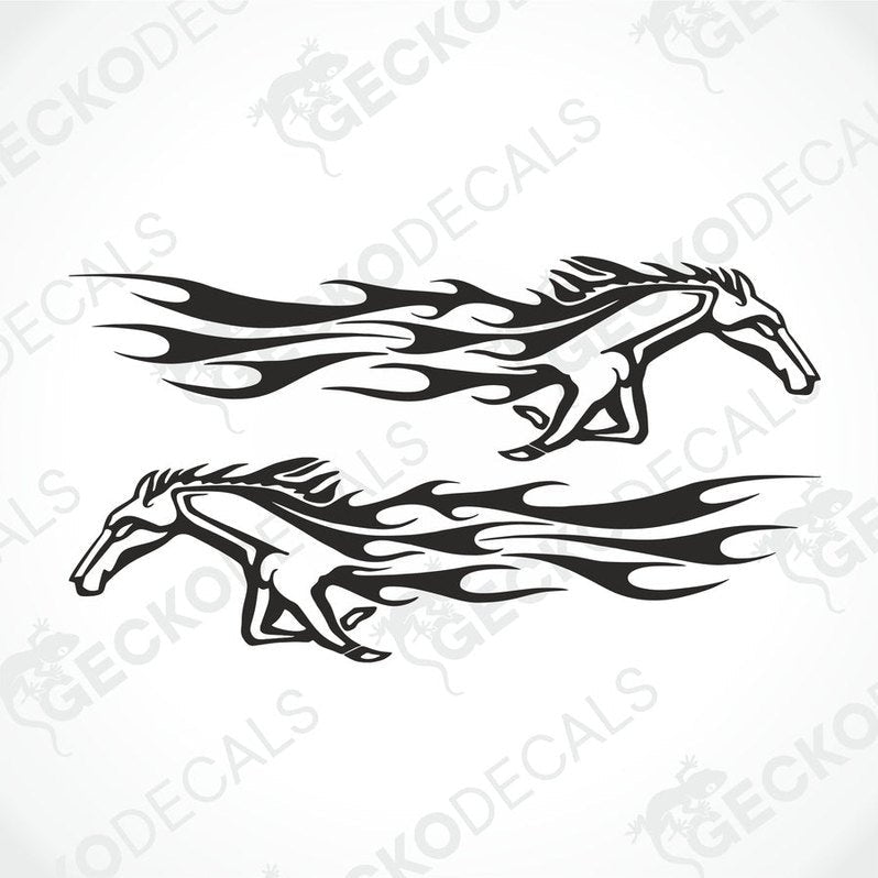 Two black decals of horses with tribal-style markings and decorative elements.