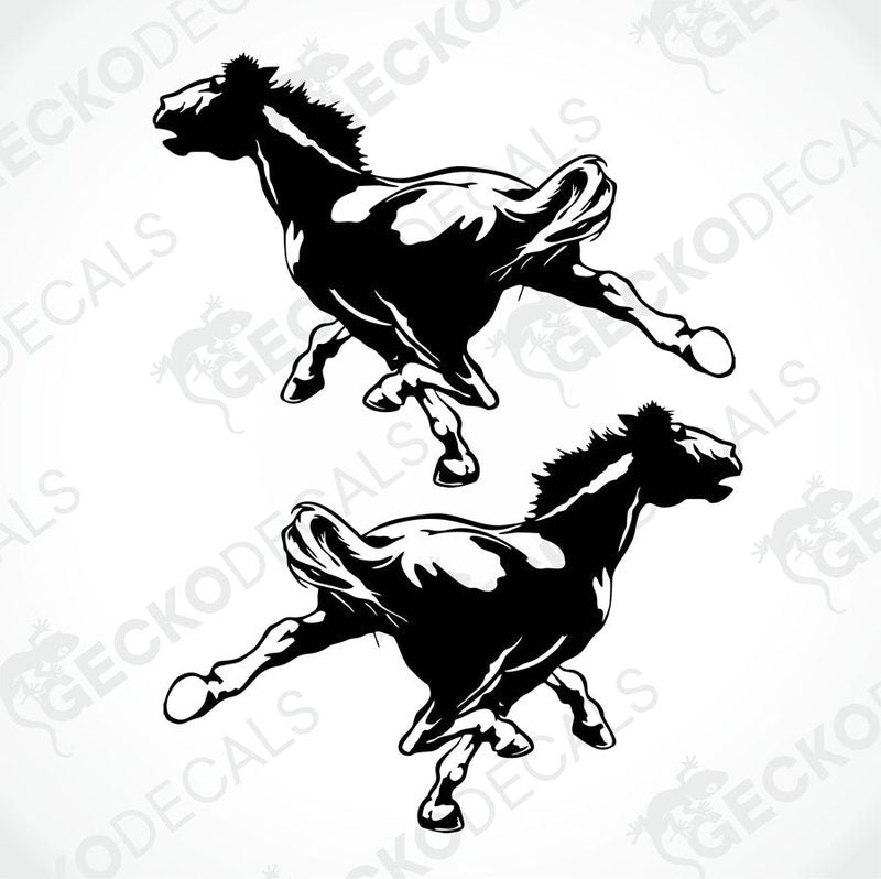 Two black and white horse decals in a running pose, delivered on transfer paper.