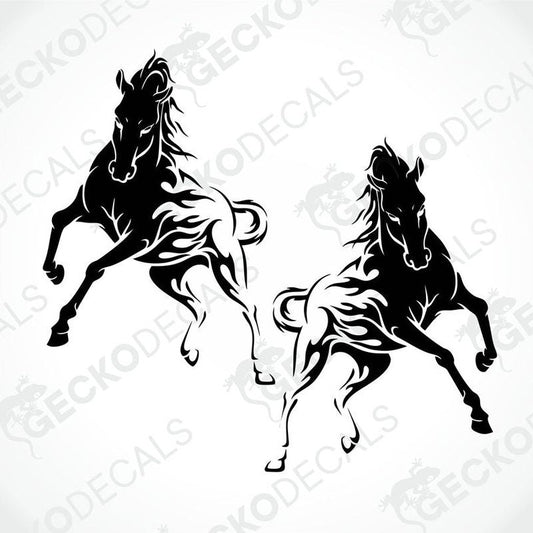 Two black and white images of horses on a white background, designed as decals.