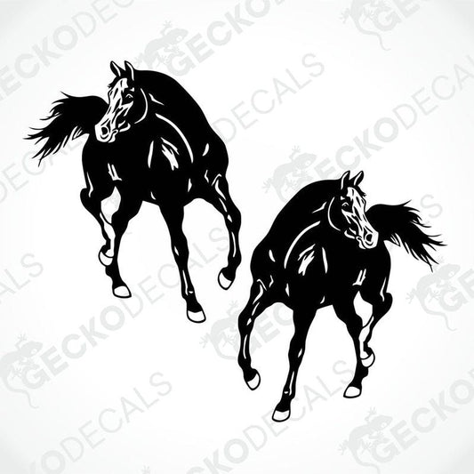 Two black and white die cut stickers of horses running, delivered on transfer paper with the GeckoDecals logo.