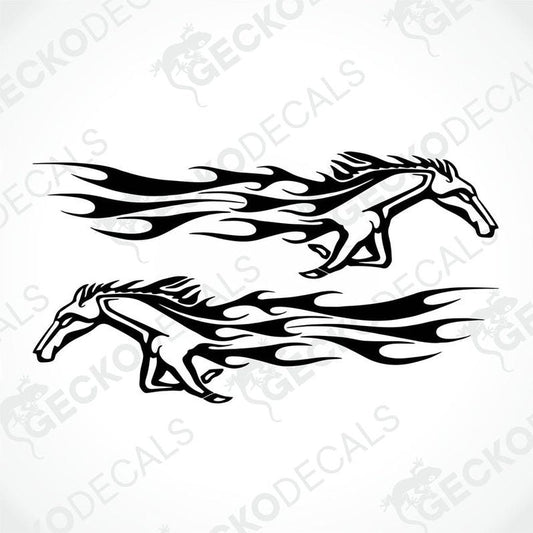 Two black and white stickers of horses with tribal decals.