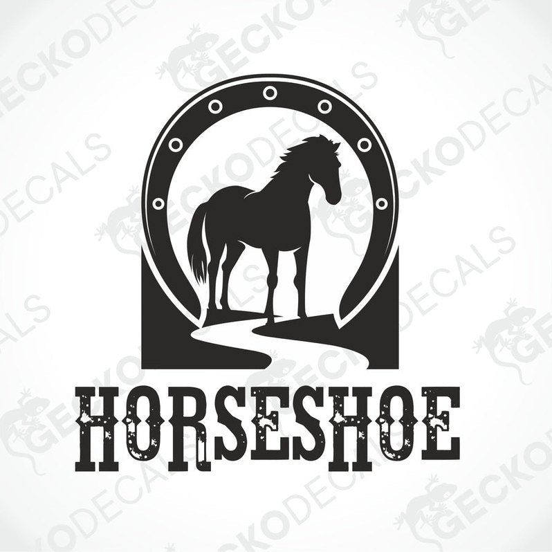 A black and white die cut decal of a horse inside a horseshoe.