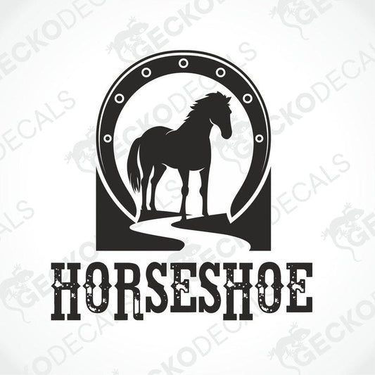 A black and white die cut decal of a horse inside a horseshoe.