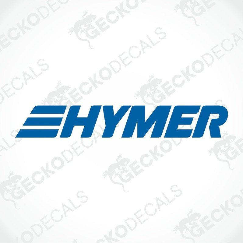 A blue die cut sticker with the 'HYMER' brand name and logo, designed for use on vehicles such as cars and caravans.