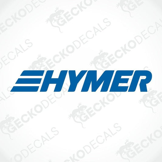 A blue die cut sticker with the 'HYMER' brand name and logo, designed for use on vehicles such as cars and caravans.