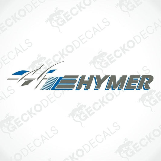 HYMER die-cut car decal sticker with gray text, blue outline and abstract graphic for caravan or vehicle