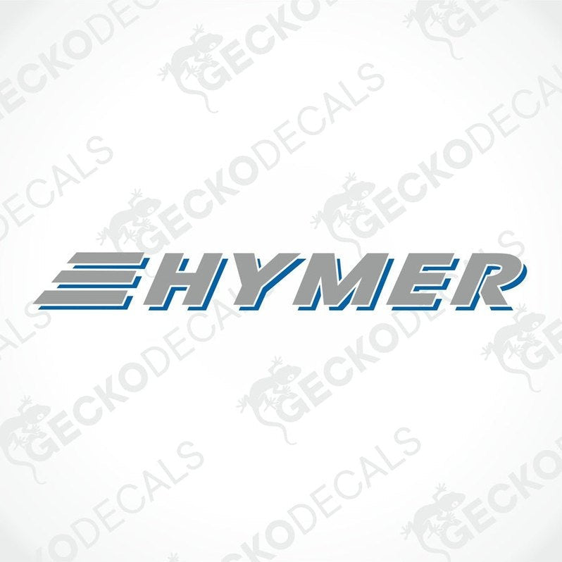 A die cut sticker with the brand name HYMER, featuring a blue and gray color scheme, delivered on transfer paper.