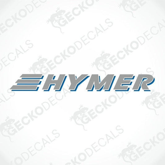 A die cut sticker with the brand name HYMER, featuring a blue and gray color scheme, delivered on transfer paper.