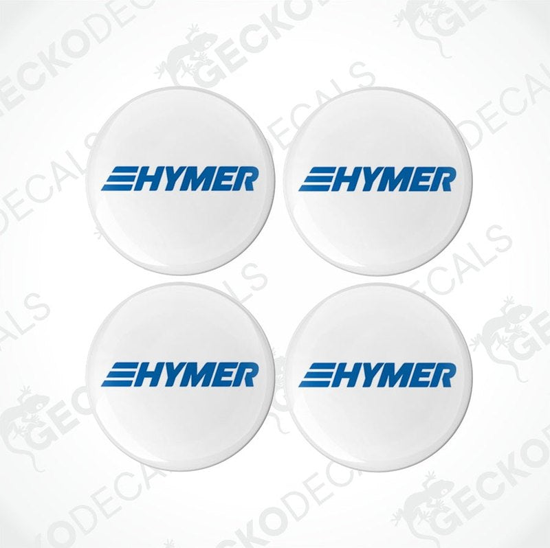 Set of four white round epoxy decals with the HYMER logo in blue.