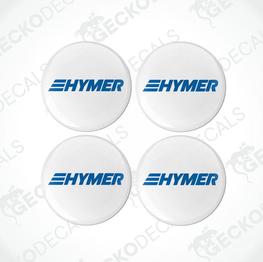 Set of four white round epoxy decals with the HYMER logo in blue.