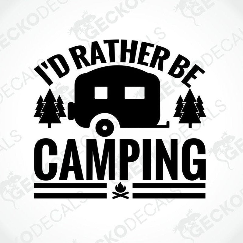 Black die-cut camping decal with camper silhouette and pine trees on transfer paper
