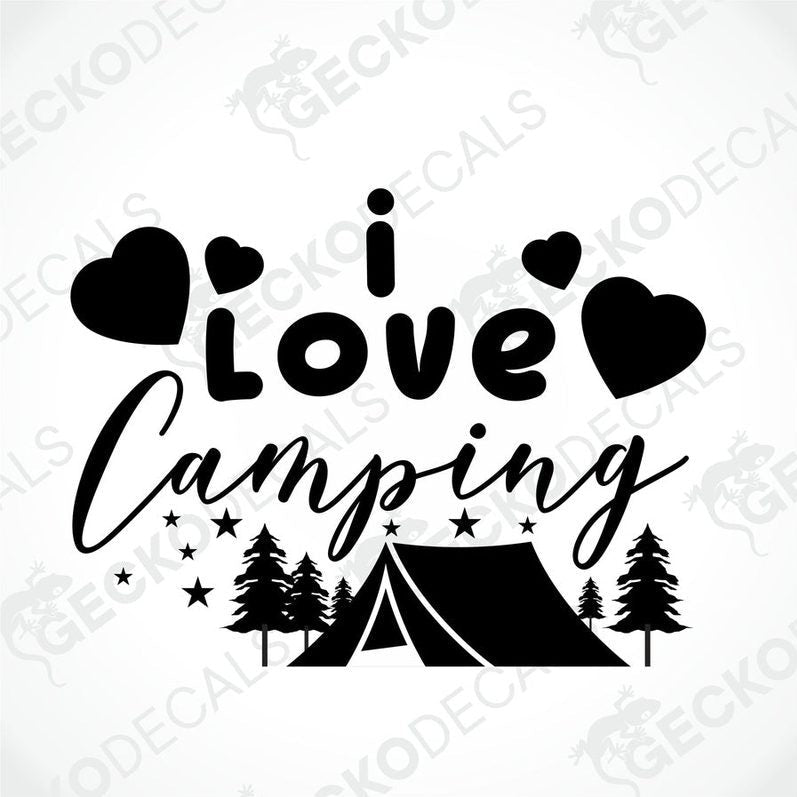 Black I Love Camping die cut decal with tent trees hearts and stars for car or laptop