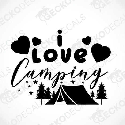 Black I Love Camping die cut decal with tent trees hearts and stars for car or laptop