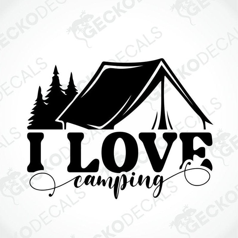 Black I LOVE CAMPING die cut decal with tent and pine trees silhouette