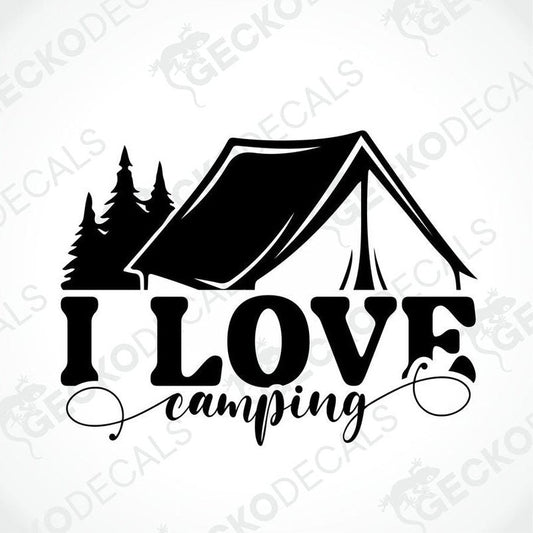 Black I LOVE CAMPING die cut decal with tent and pine trees silhouette