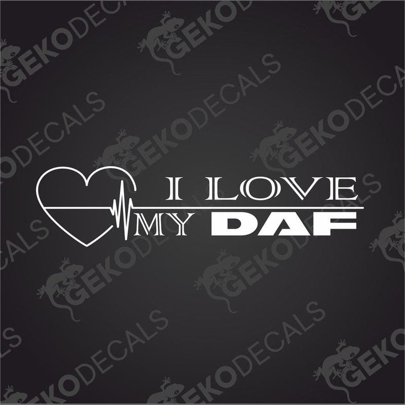 A black and white image of a decal with the text 'I LOVE MY DAF' and a heart shape with a line inside it, resembling a heartbeat monitor.